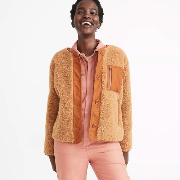 Madewell Women's Cozy Teddy Sherpa Chestnut Jacket with Corduroy Trim XS - Picture 2 of 13